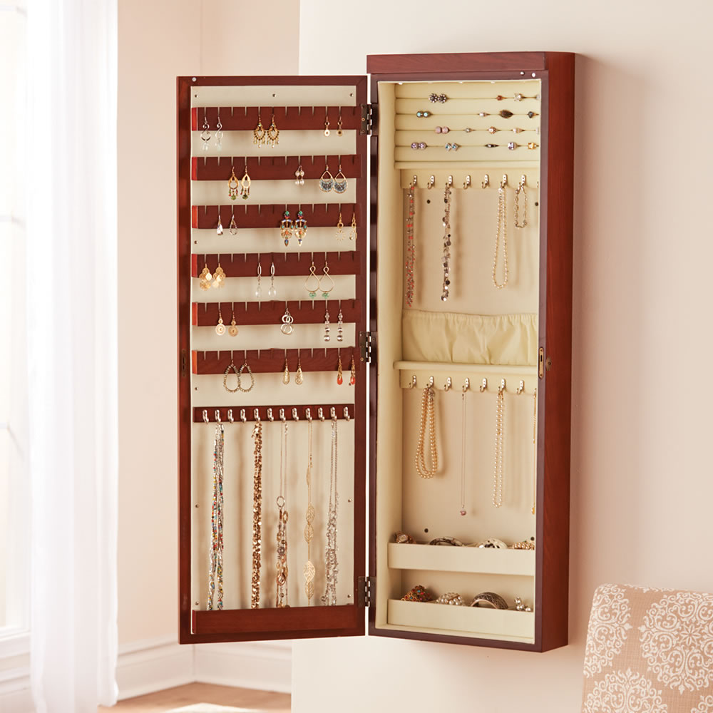 Decluttering solutions to get things off of floors and counters: Wall mounted jewelry armoire