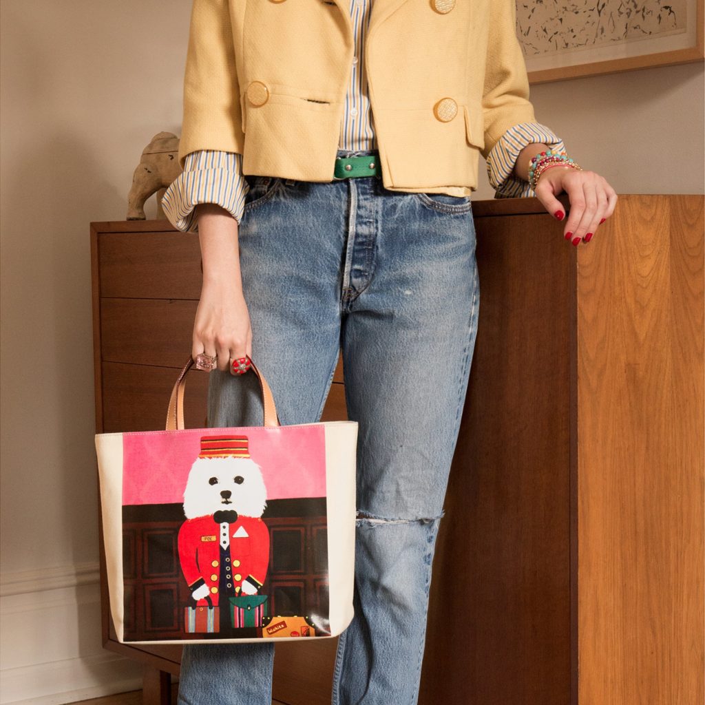 Canvas dog tote for Frances Valentine, featuring the designer's own doggie. So cute!