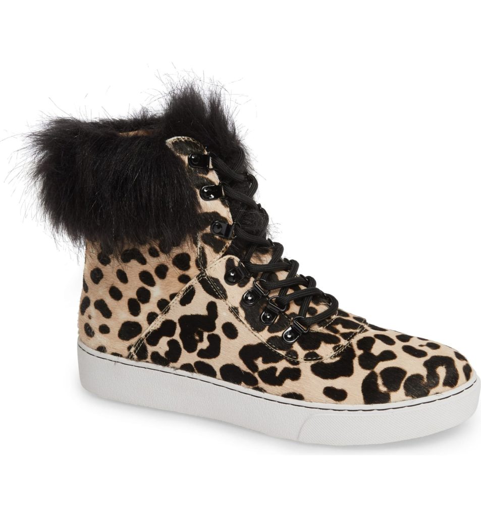 On trend: fur trim booties like these Lines Paola leopard high tops