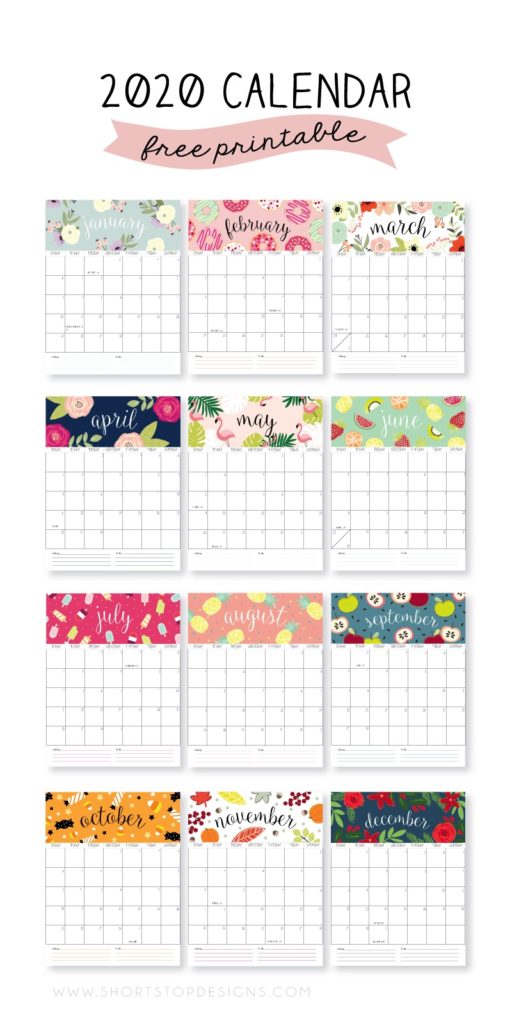 Free printable 2020 calendars with monthly themes by Shortstop Designs