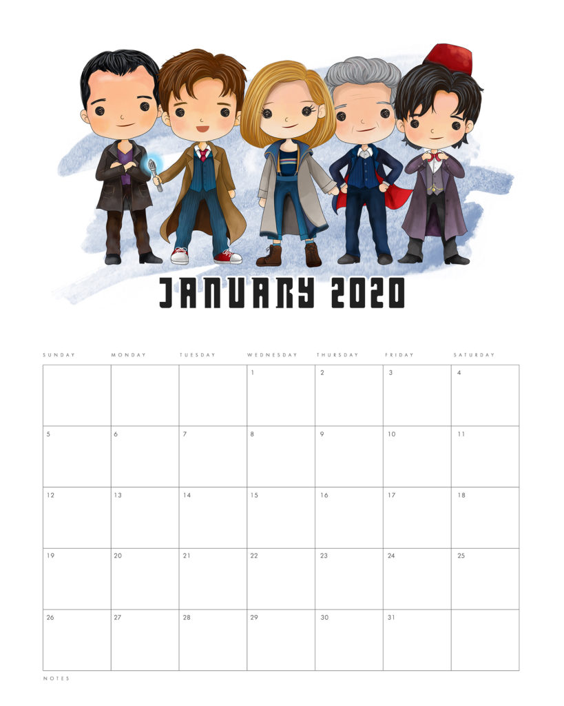 Free printable Doctor Who 2020 calendar by the Cottage Market