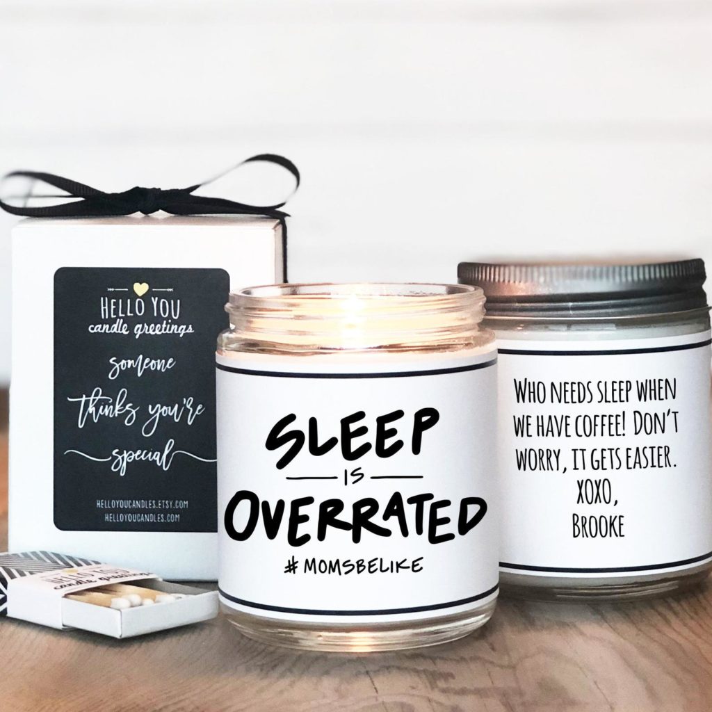 Best baby shower gifts under $30: sleep is overrated candles, can be personalized too! | baby shower gift guide 2020