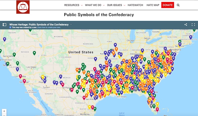 The Southern Poverty Law Center's map of public symbols of the Confederacy. 