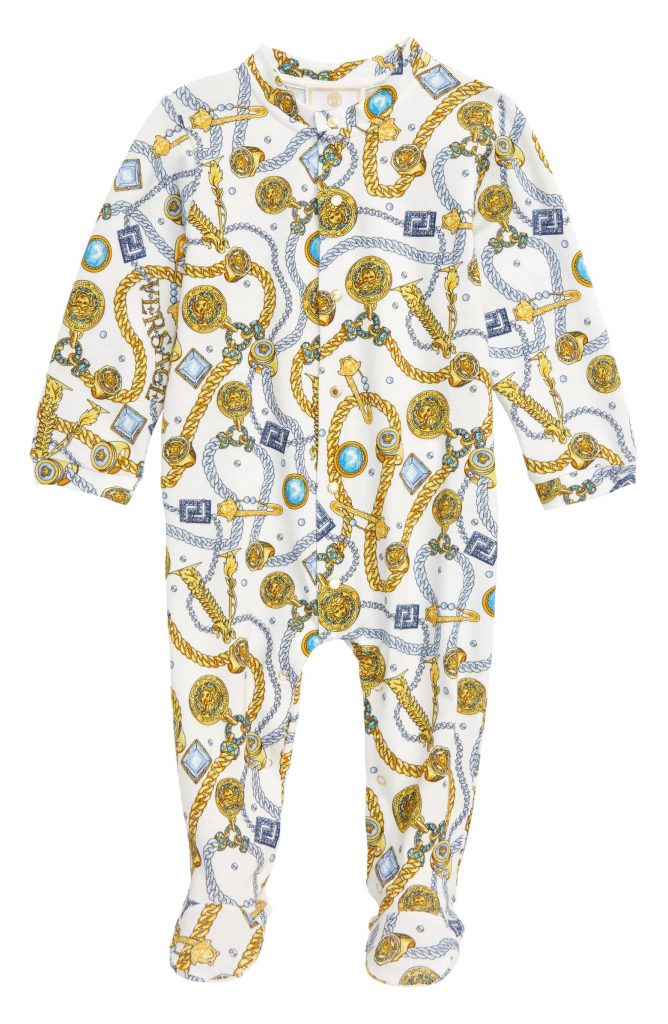 Versace print baby footie: Luxury and splurge baby shower gifts for 2020