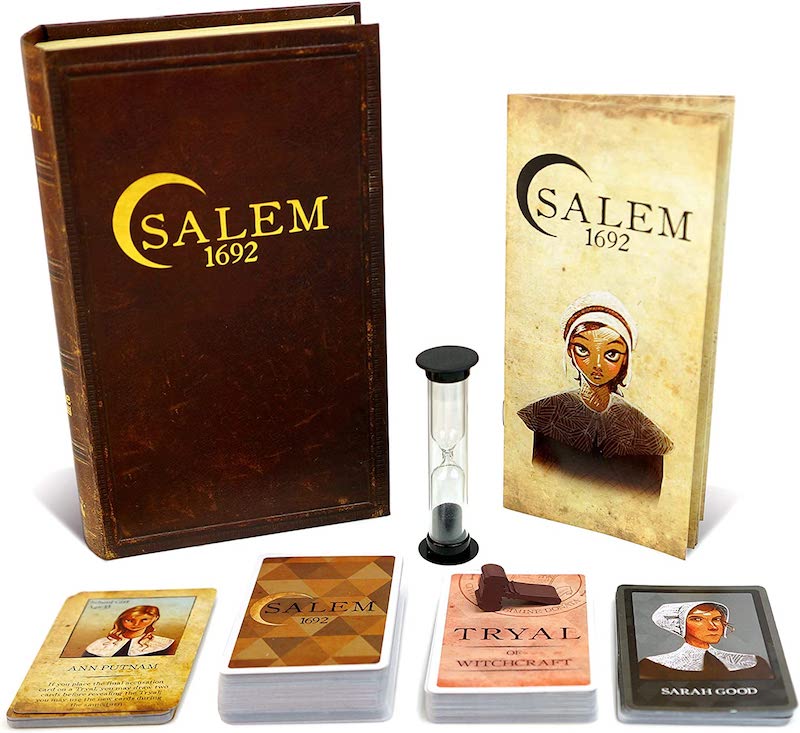 Fun board games to send in camp care packages: Discover the witches hiding in your group with the Salem 1692 card game.