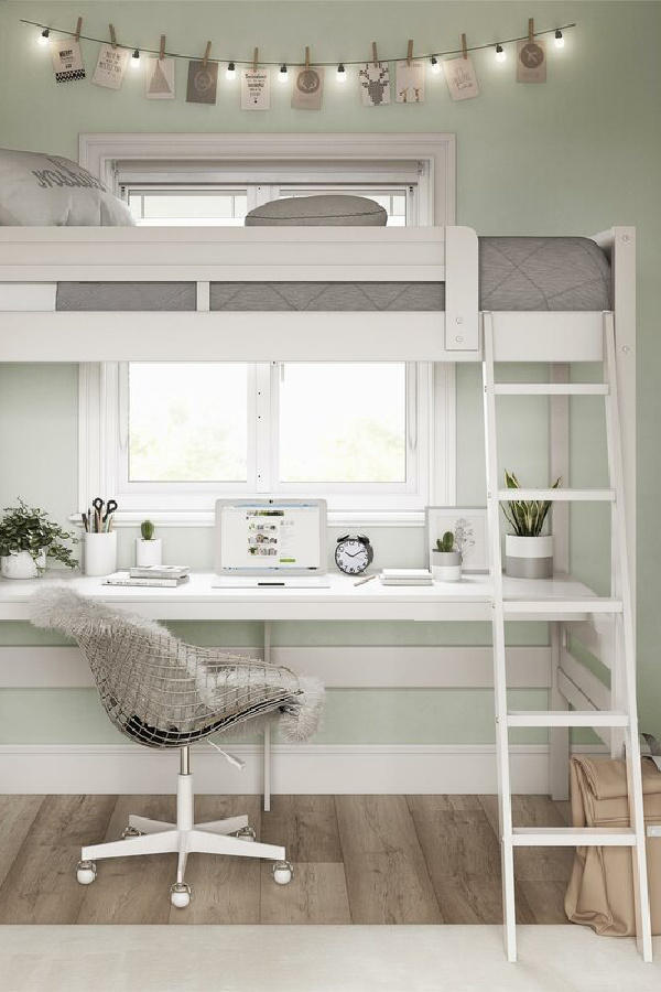 Loft bed with desk underneath: great solution to create a child's study space in a smaller room | this one from Wayfair