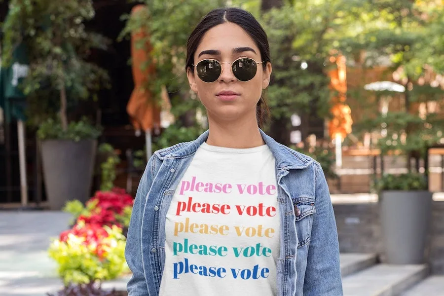 What to wear to the polls so you don't get turned away: General messages about civic engagement, like this Please Vote shirt by Self Love Club Team, are good choices.