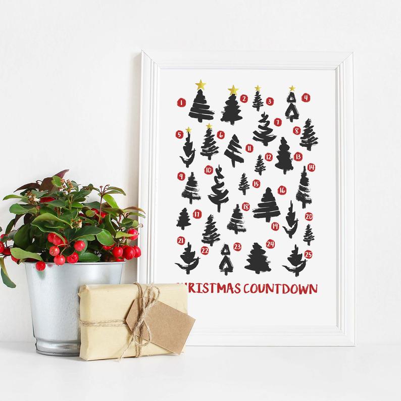 Best Advent calendars for kids: Printable Christmas trees advent calendar from Mini Explorers on Etsy