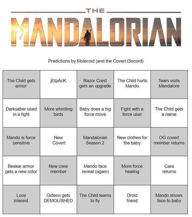 How to throw a Mandalorian watch party with your family that still feels like a party: Mandalorian prediction bingo from a themolecoid on Reddit