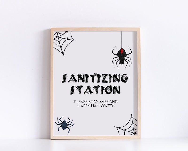 Social distancing signs for candy on Halloween: Sanitizing Station sign encourages kids to use some hand sanitizer first! At Rio Paperie