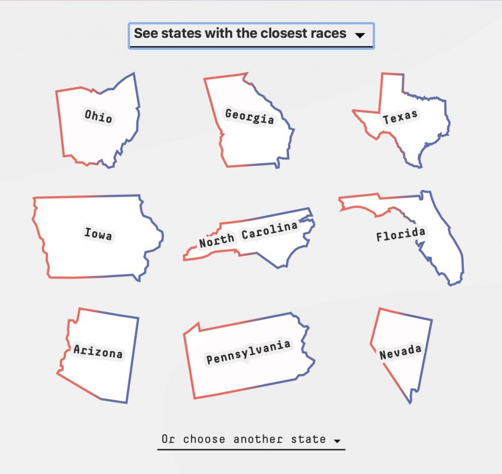 The closest swings state races graphic on FiveThirtyEight: Election and voter info