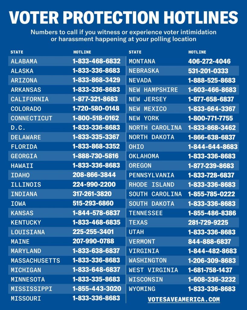 A list of voter protection hotlines by state. Save it on your phone or print it out when you go to the polls! 
