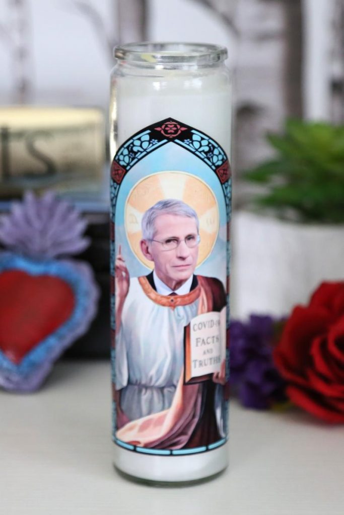 Cool gifts under $15: Anthony Fauci Prayer candle: the patron saint of staying home