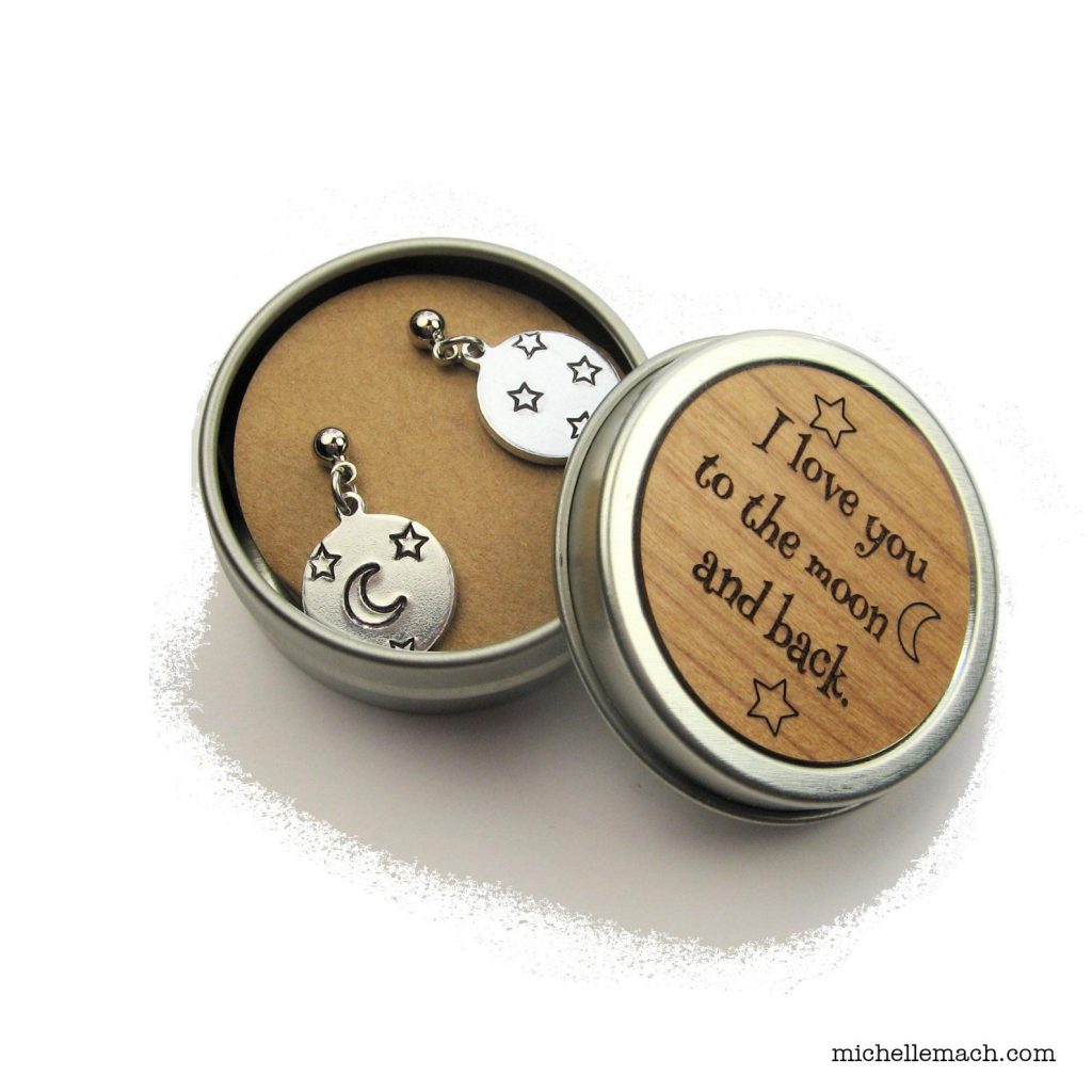 50+ gifts under $15 for kids: Love you to the moon and back earrings in a tin