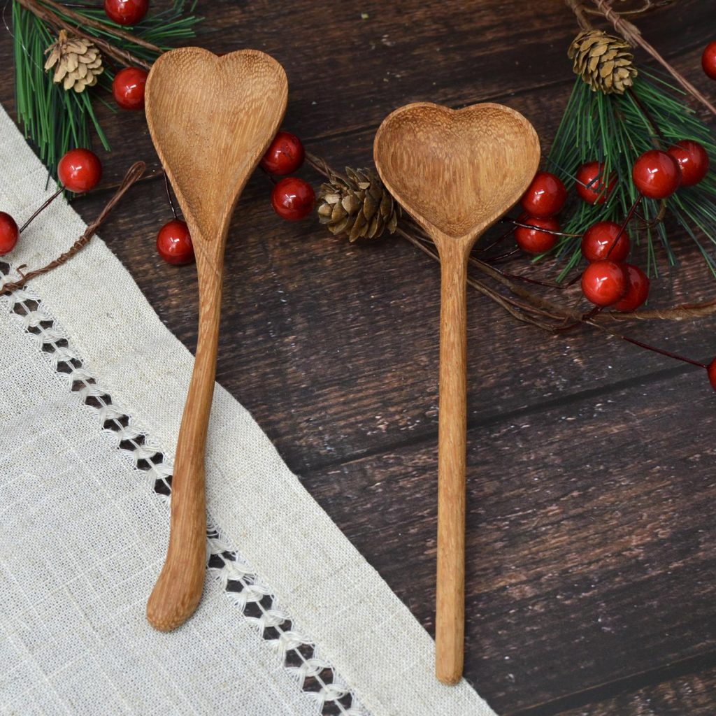 Cool gifts for men and women under $15: natural wood heart spoons on Etsy