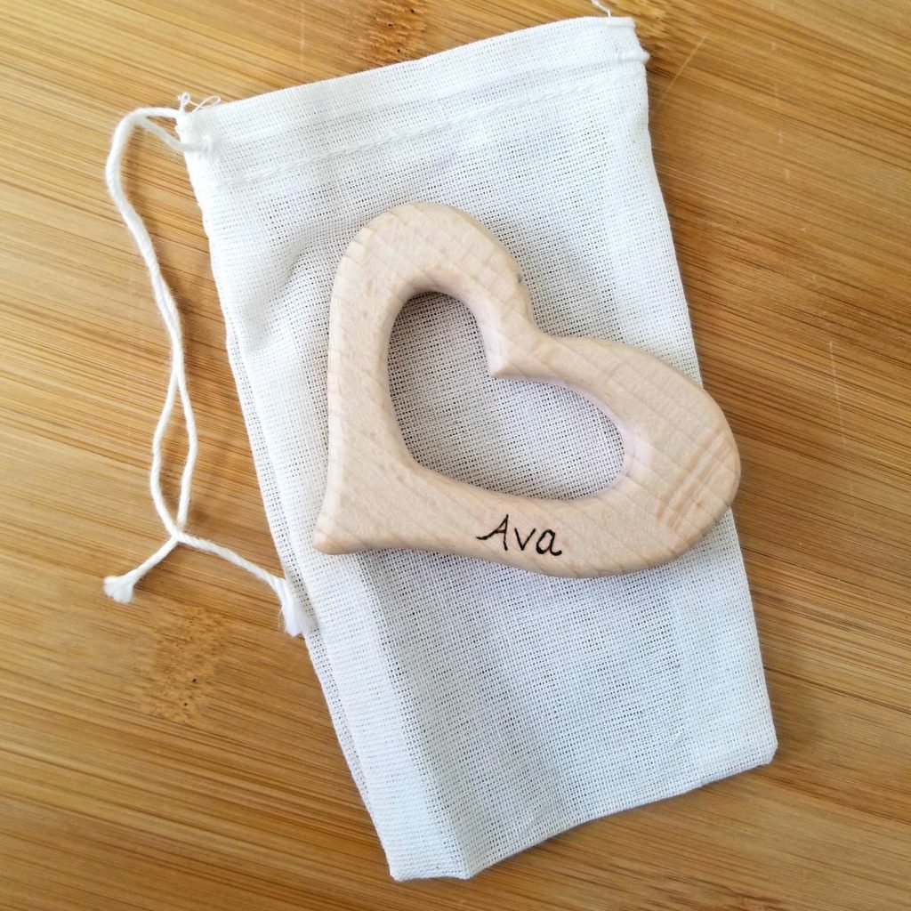 Best baby gifts under $10: Engraved wooden heart teether from Alexa Organics