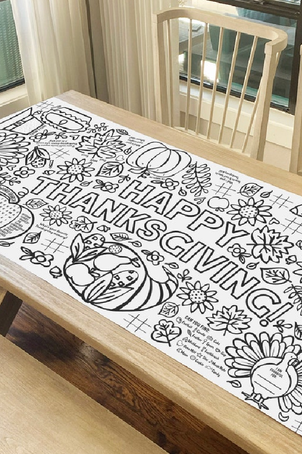 This activity-filled Thanksgiving tablecloth will keep kids scribbling for hours. You can even hang it as a banner when its done. | Tiny Expressions at Etsy
