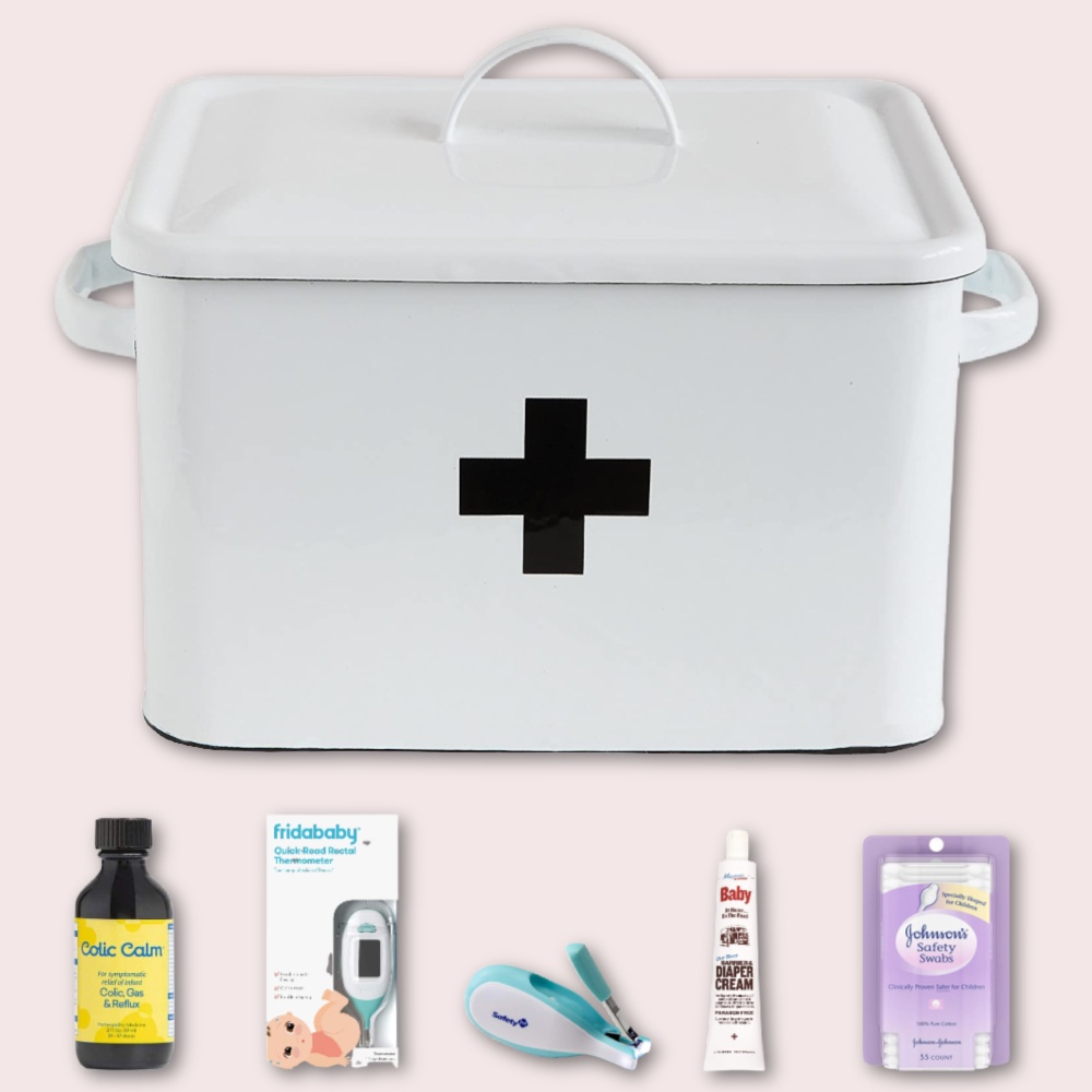 DIY baby medicine kit for a baby gift featuring this gorgeous minimalist enameled box | Cool Mom Picks