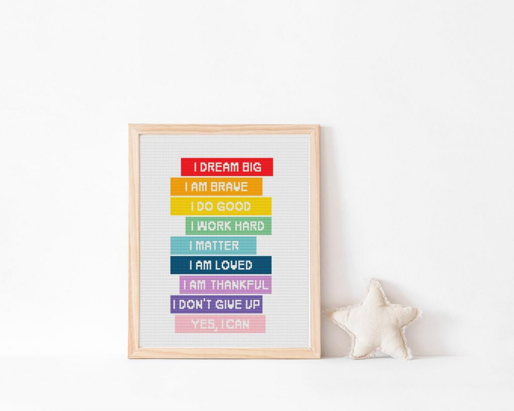 Handmade baby gifts: DIY rainbow book cross stitch art by The Stitch Patterns