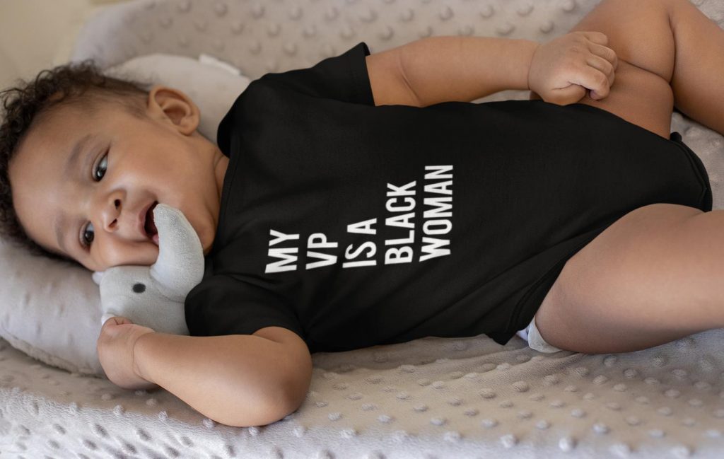 Best feminist baby gifts: My VP is a Black Woman baby onesie by Black Cadre