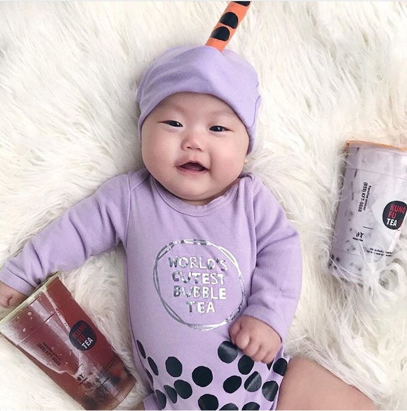 Funny baby gifts: Boba tea baby outfit by Buzz Bear Studio