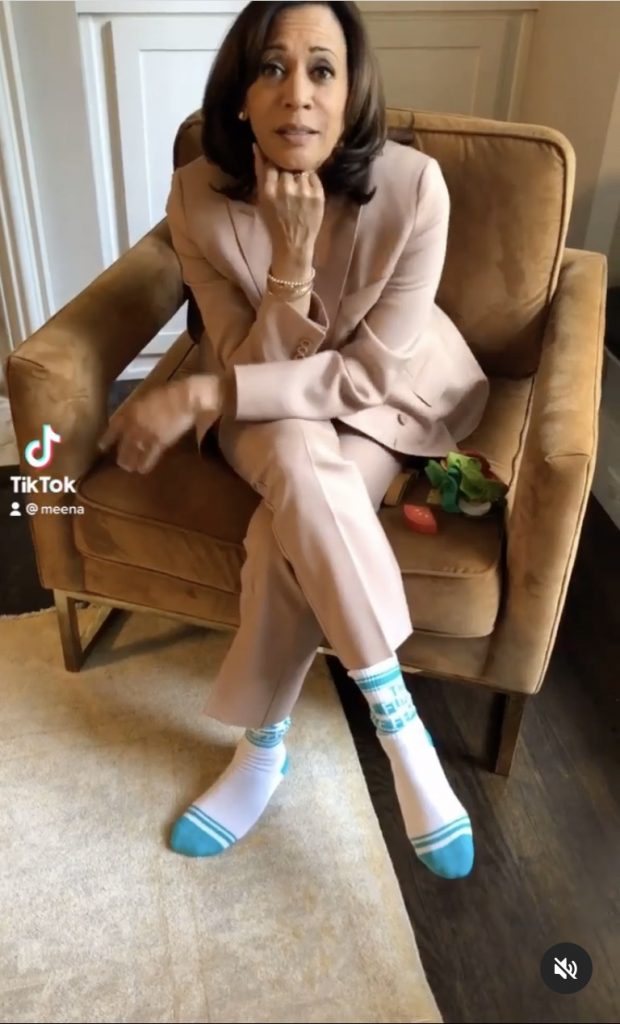 Kamala Harris wearing The Future is Female socks and we found them! | Image: Meena Harris via TikTok and Instagram
