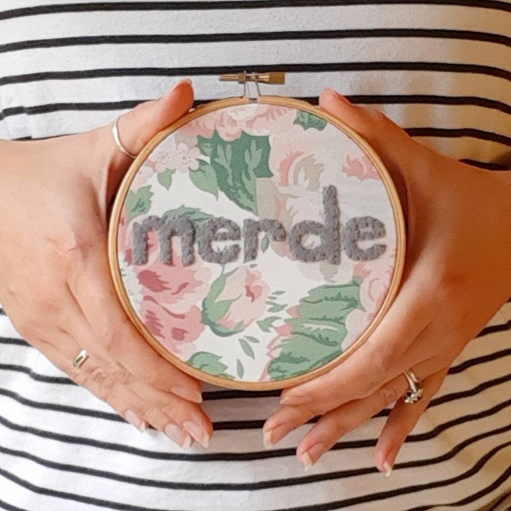 Funny baby gifts: Merde embroidery hoop art, perfect for above the changing table