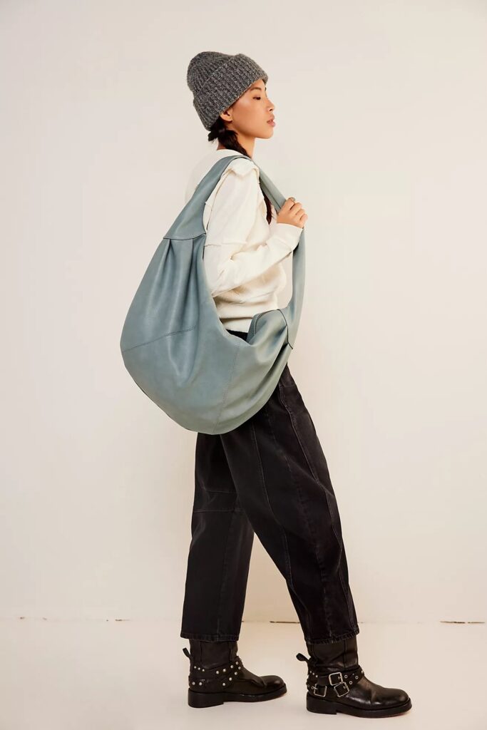 Oversized handbags for 2024: Slouchy oversized carryall from Free People is gorgeous in blue!