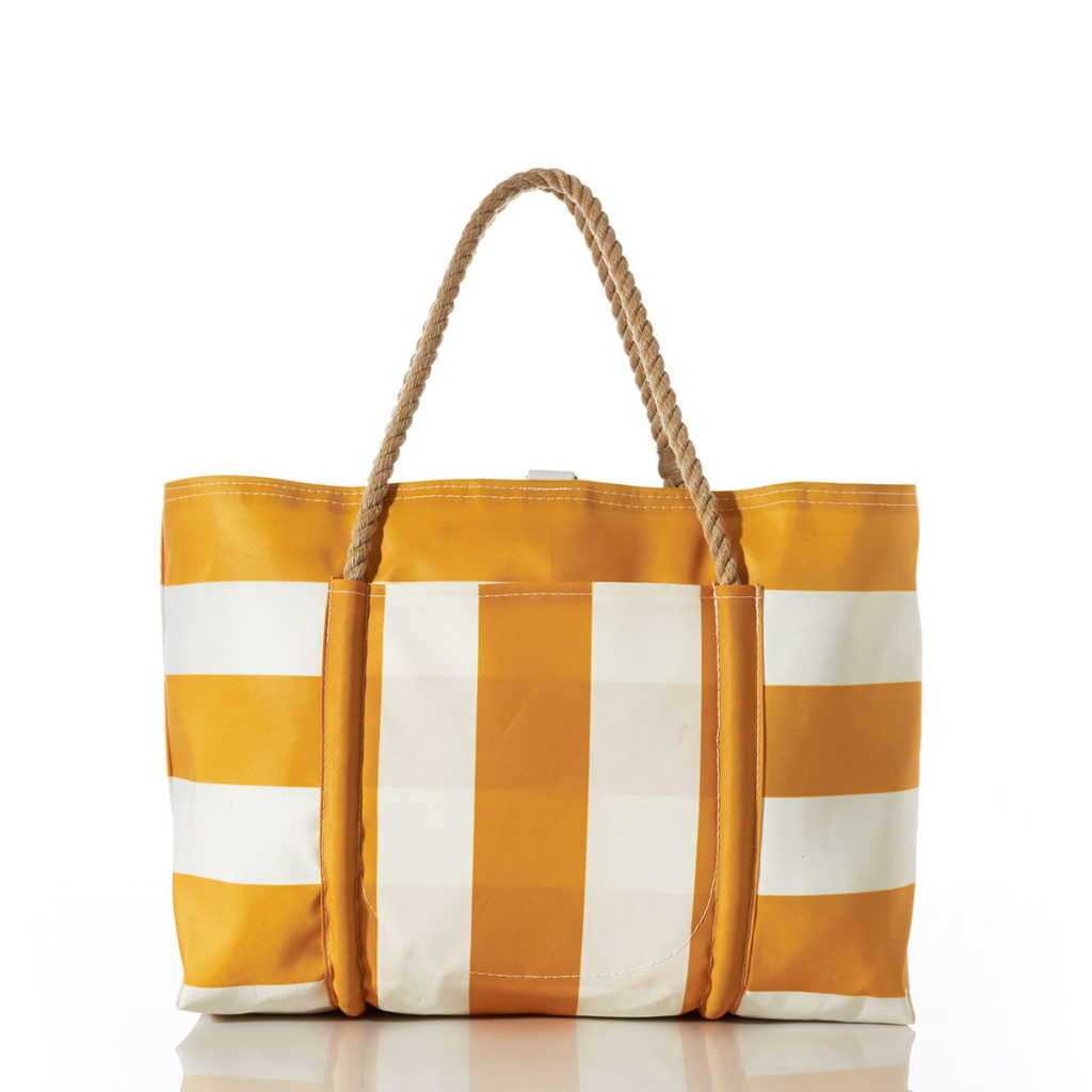 Fashionable beach totes for summer: This chic yellow striped bag is made from sails.