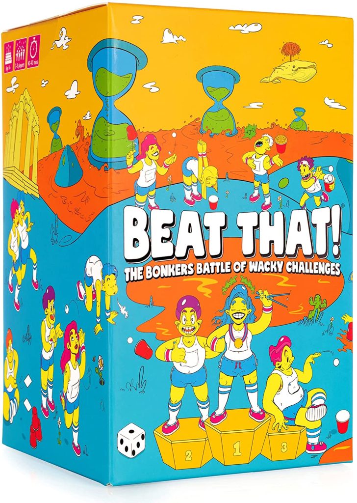 Fun board games for camp care packages: Beat That! is fully of wacky games for the whole cabin to play.