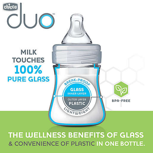 The Chicco Duo baby bottle brilliantly blends the best of plastic with the best of glass -- the milk or formula only touches glass, but the outer plastic layer makes the bottle durable, portable, and gives you peace of mind (sponsor)