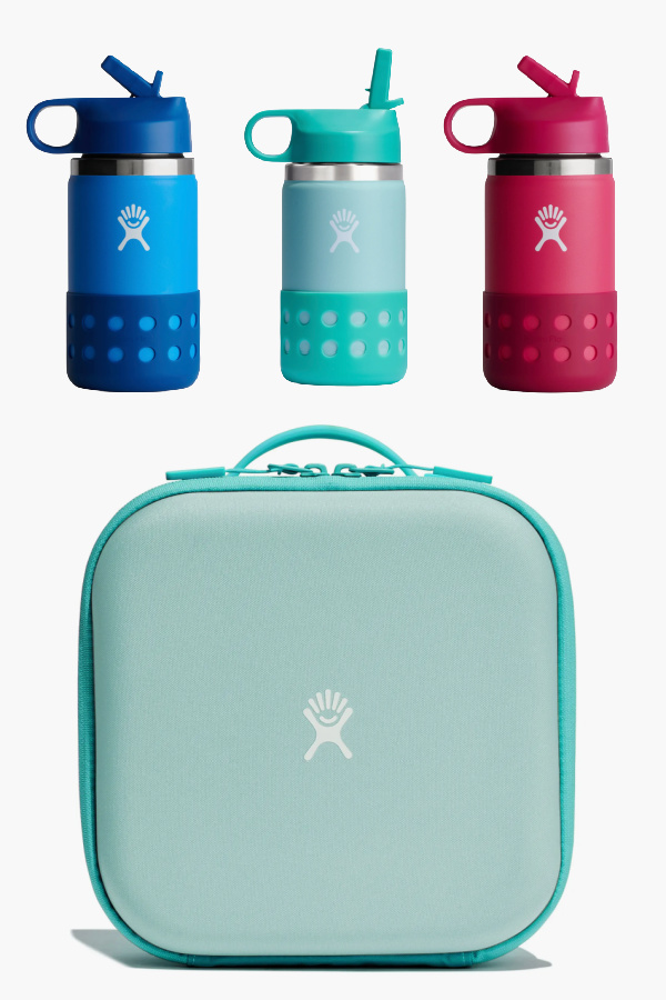 Hydroflask insulated lunch box and kids' water bottles with straws for back to school