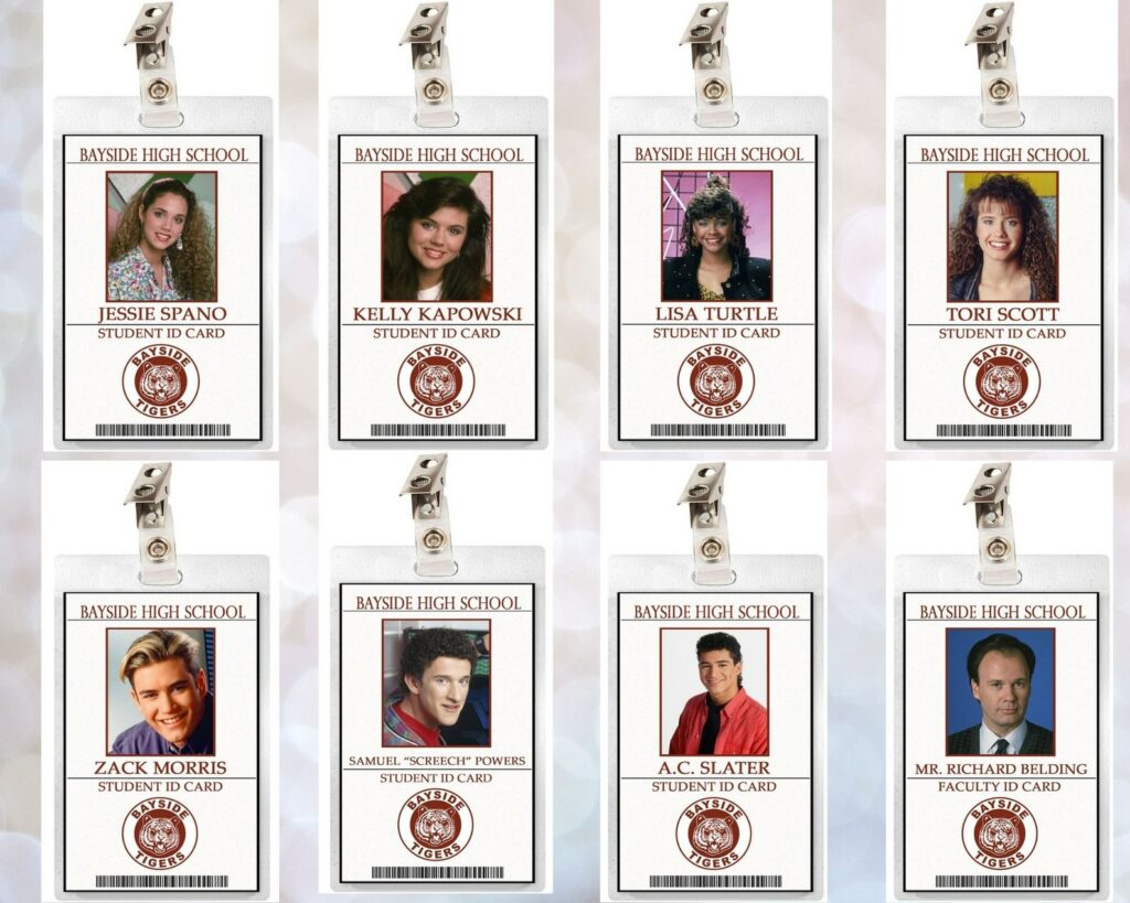 90s pop culture costume ideas for kids: Saved by the Bell student ID tags from Fatal Kiss Badges