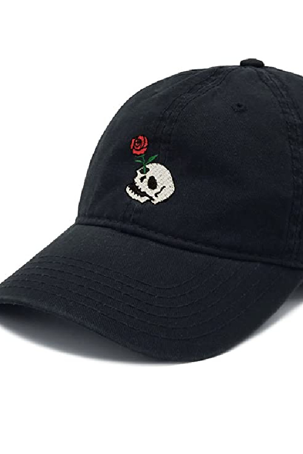 Non-candy Halloween gifts for tweens + teens: A skull rose baseball cap