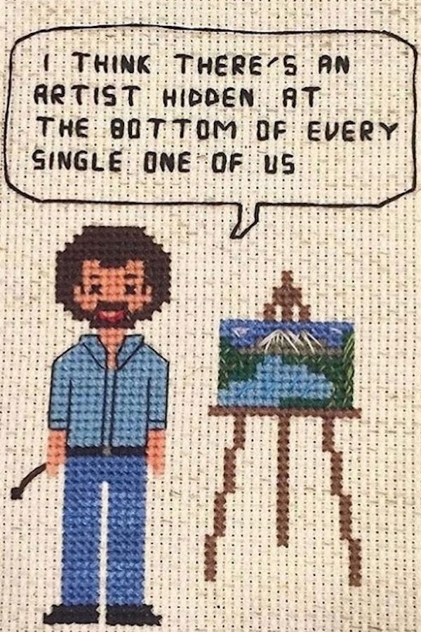 This Bob Ross cross stitch is just one of several free patterns from Badass Cross Stitch for teens to use for gifts