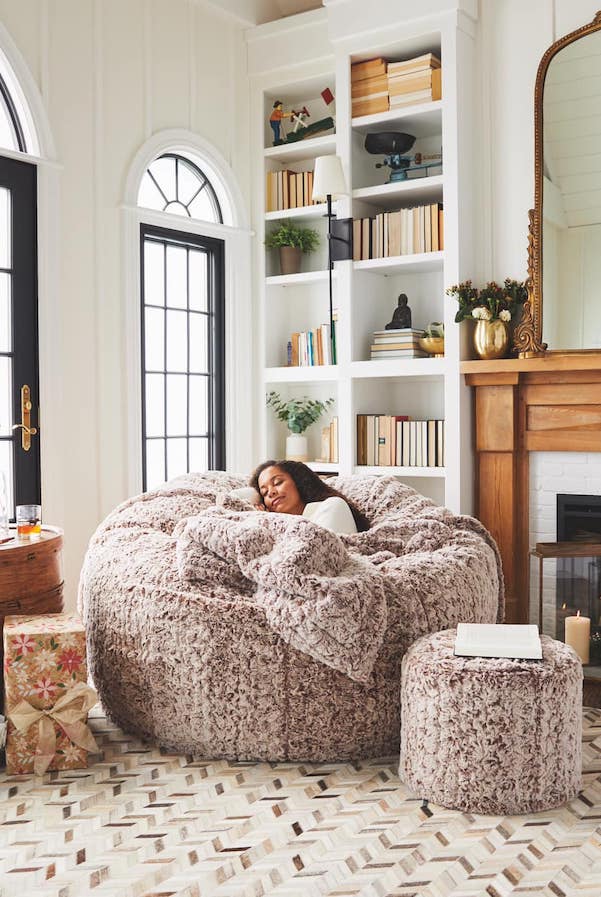 A snuggly hygge-inspired poof from Lovesac is big enough for company