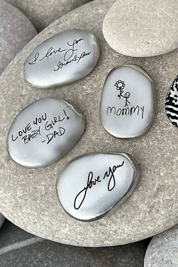 cool personalized gifts for kids: A modern take on "worry stones" -- your words of encouragement custom engraved by Heidi J. Hale for kids to carry around to ease anxiety