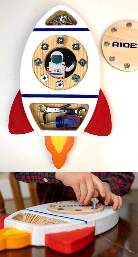 Cool personalized gifts for kids: This Montessori style screw board rocket ship for little tinkerers