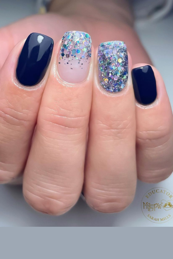 hot winter nail trends 2021-22: Glitter and blue nails from The Beauty Room by Sarah