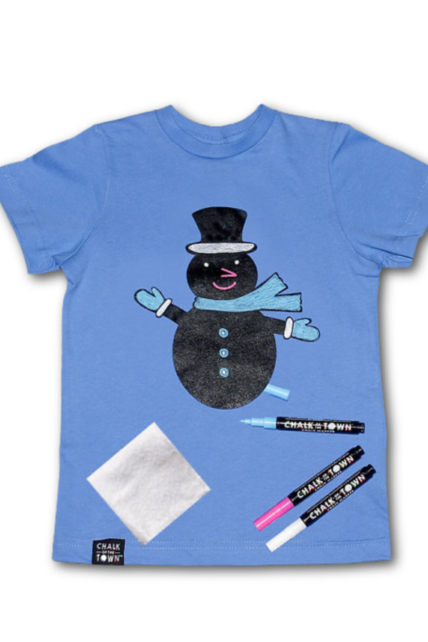 Washable chalkboard snowman and holiday tees for kids make terrific holiday photos (and Zoom call outfits)