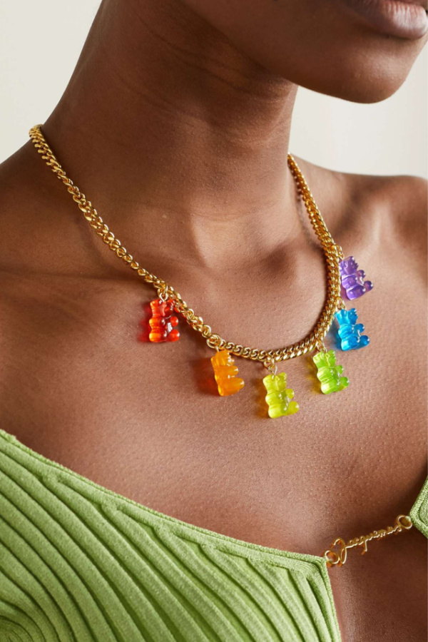 Valentine's jewelry for women who like edgier stuff: Resin and gold gummy bear necklace by Crystal Haze