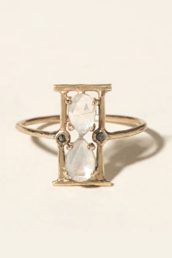 Valentine's jewelry for women who like edgier stuff: Moonstone hourglass ring by Nichole McIver