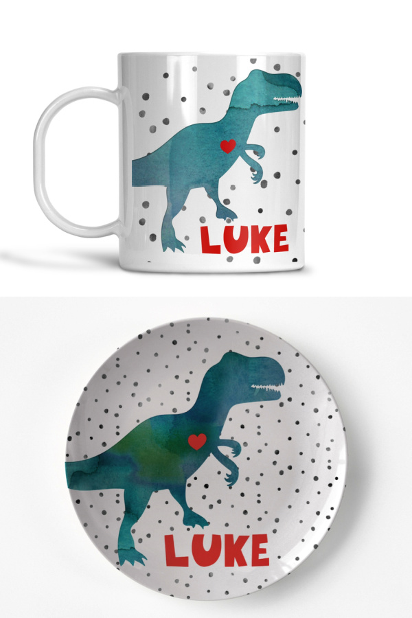 Valentine's gifts for boys; Personalized dinosaur heart plate and mug set from Harper Livingston on Etsy 