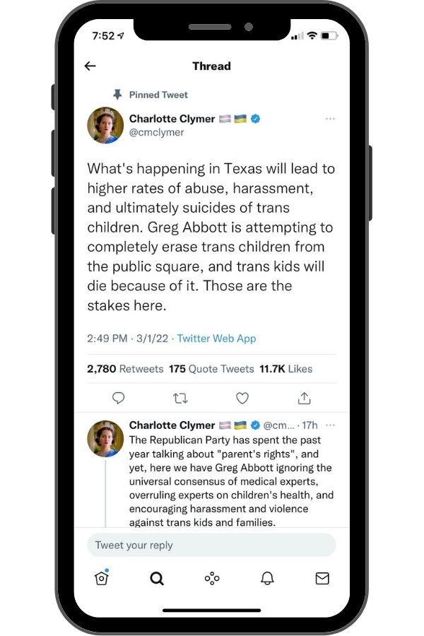 Charlotte Clymer's tweet supporting trans rights in Texas