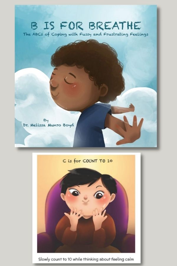 Children's books about anxiety: B is for Breathe book includes an alphabetical list of things kids can do to manage their anxiety