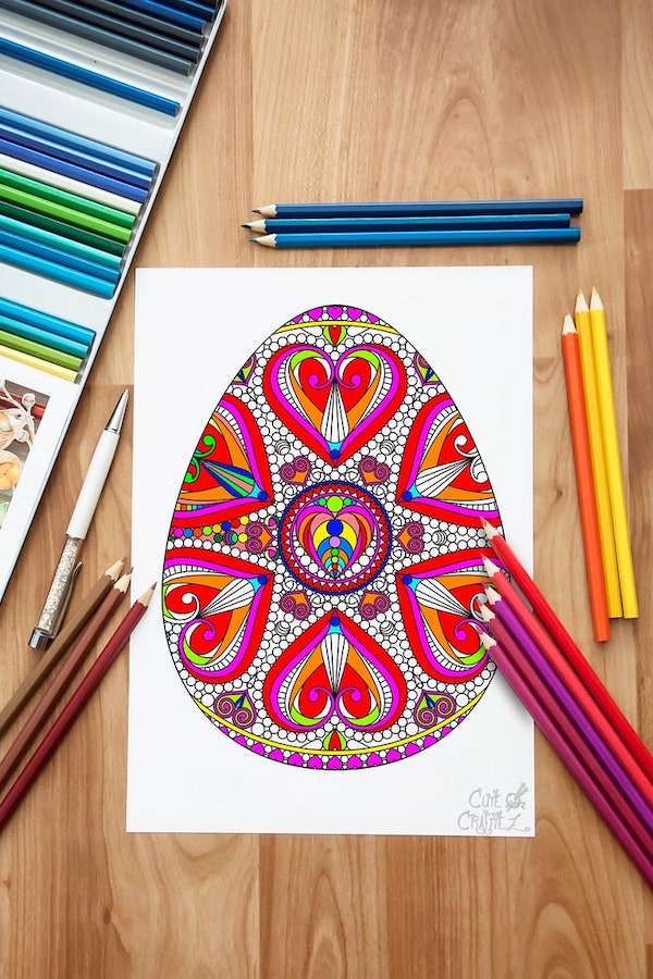 Heart-filled Ukrainian Easter egg design can be downloaded for your kids (or you!) to color