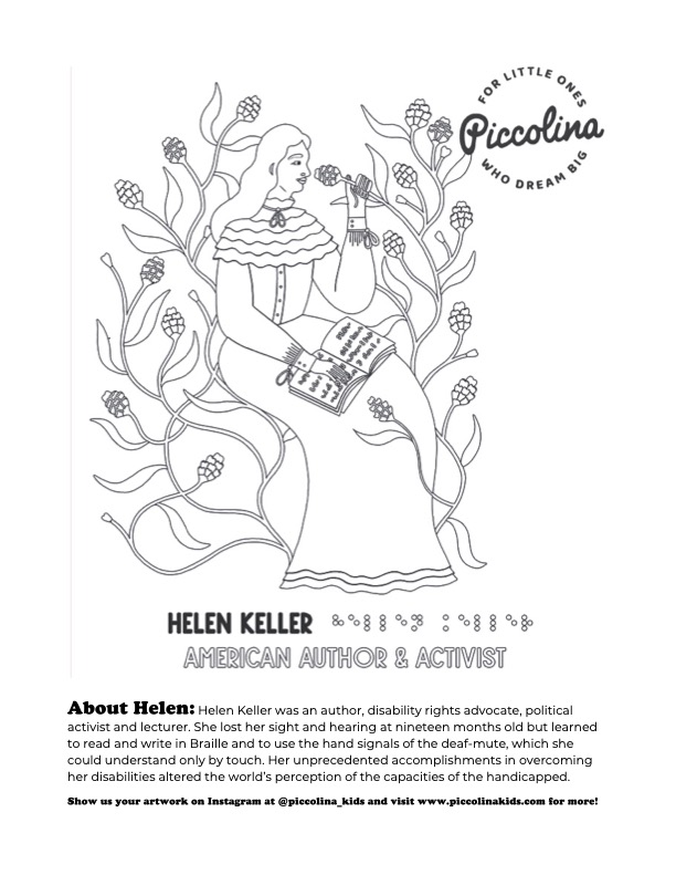 Free Printable Women's History Month coloring pages: Helen Keller, via Piccolina Kids