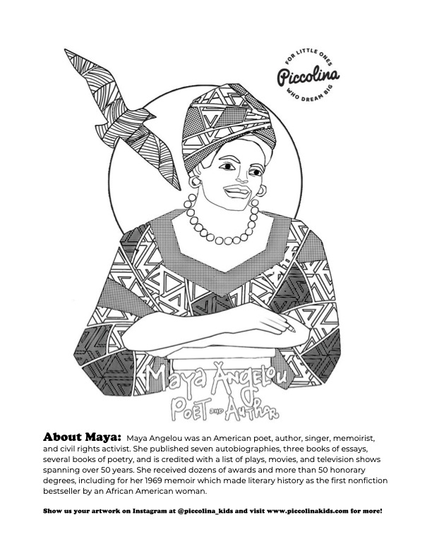 Maya Angelou free coloring page for kids : Women's History Month coloring page collections