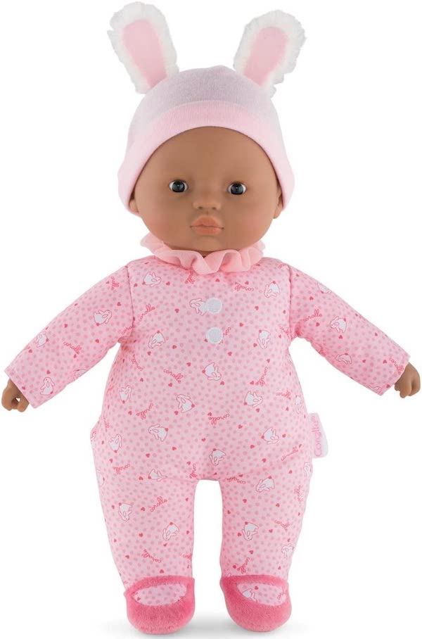 Corolle's baby doll has bunny ears and smells like vanilla.