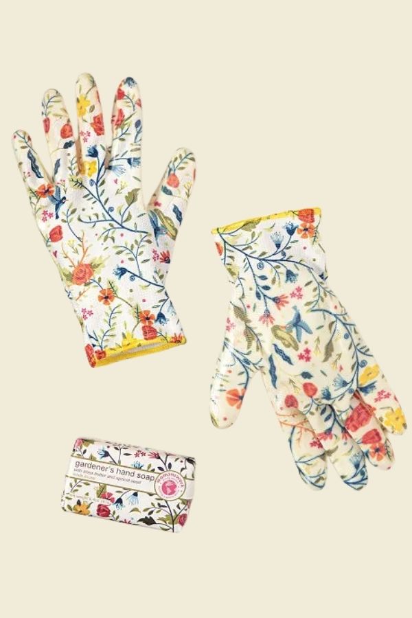 A great gift for Mother's Day under $25 are these pretty floral gloves and gardening soap from Uncommon Goods